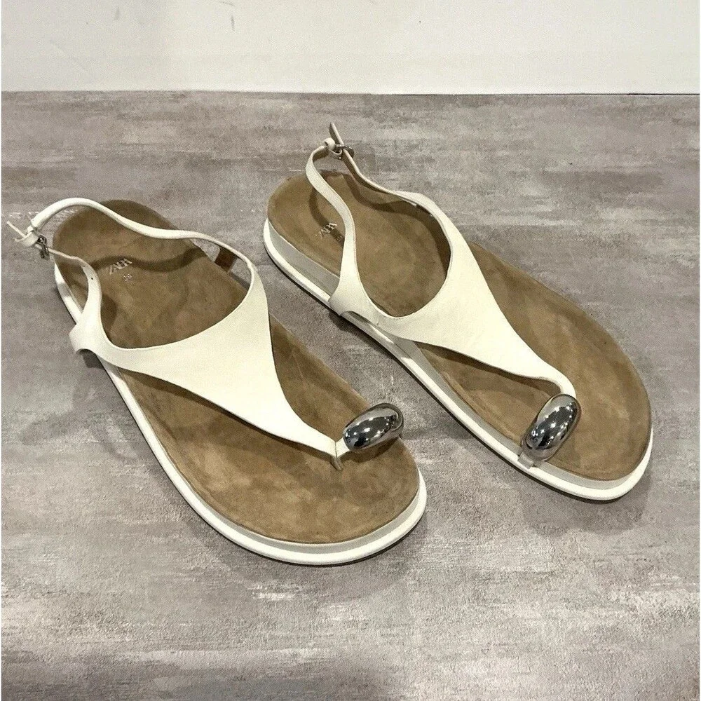 Zara Flat Leather Sandals with Metallic Bead - White EUR 39 US 8 - NWOT - Picture 7 of 16